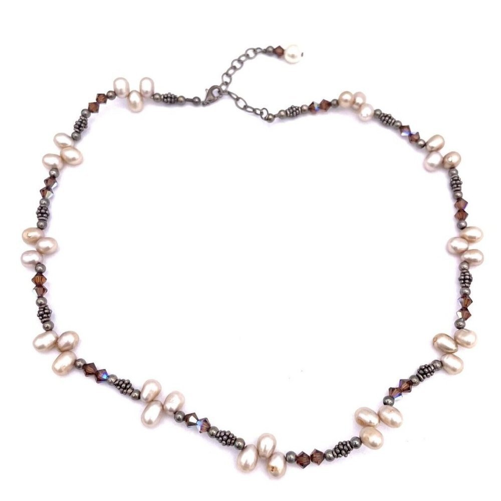 925 Sterling Silver Pearl Faceted Beaded Necklace Adjustable 14 to 17 Inch - Picture 1 of 6